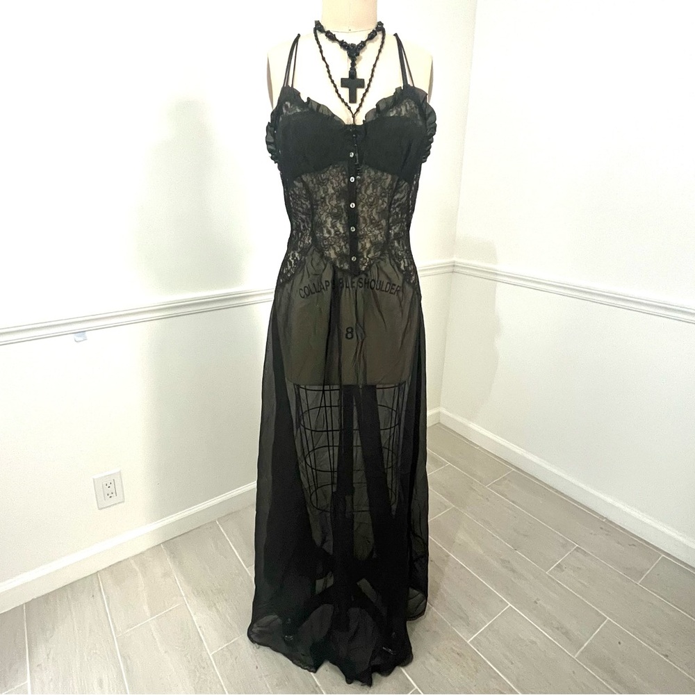 Nylon sheer black slip dress night gown lingerie, lace trim button front. - Picture 3 of 3